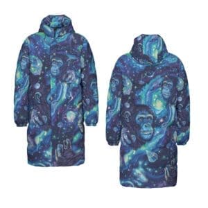 unisex long down jacket – apes diamond blue/moon white rallyprint